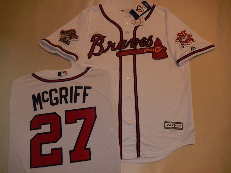 Mens Atlanta Braves #27 Fred McGriff Majestic Cooperstown White 1995 World Series Baseball Jersey