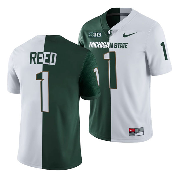 Mens Michigan State Spartans #1 Jayden Reed Nike White Green Split Two-Tone Football Jersey