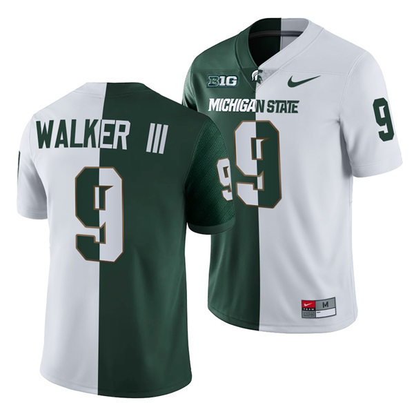 Mens Michigan State Spartans #9 Kenneth Walker III Nike White Green Split Two-Tone Football Jersey
