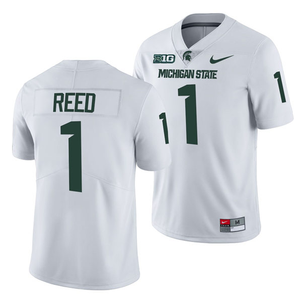Mens Michigan State Spartans #1 Jayden Reed Nike White College Game Football Jersey