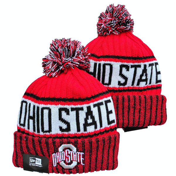 NCAA Ohio State Buckeyes Red White Cuffed Pom Knit Hat YD2021114  (2)