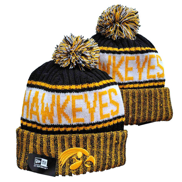 NCAA Iowa Hawkeyes Black Gold Embroidered Cuffed Pom Knit Hat YD2021114