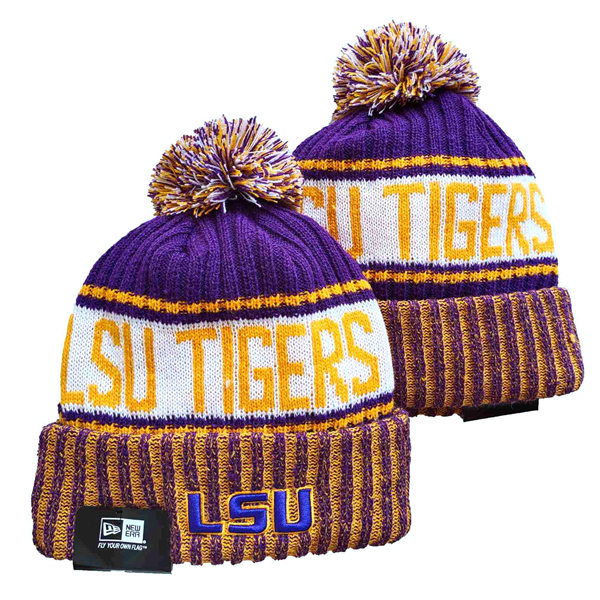 NCAA LSU Tigers Purple White Embroidered Cuffed Pom Knit Hat YD2021114