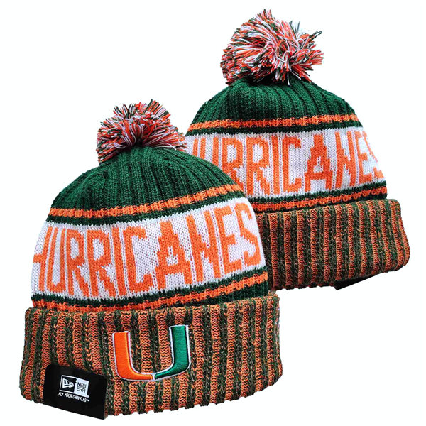 NCAA Miami Hurricanes Green White EmbroideredCuffed Pom Knit Hat YD2021114