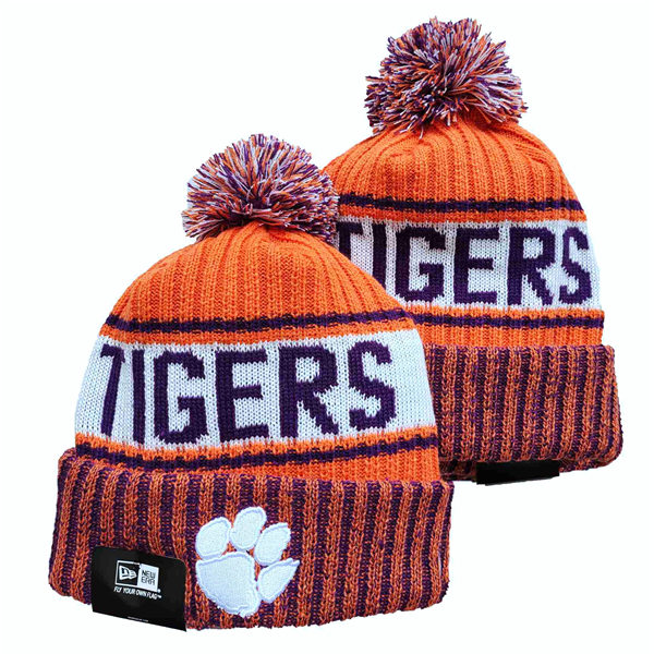 NCAA Clemson Tigers Orange White Embroidered Cuffed Pom Knit Hat YD2021114
