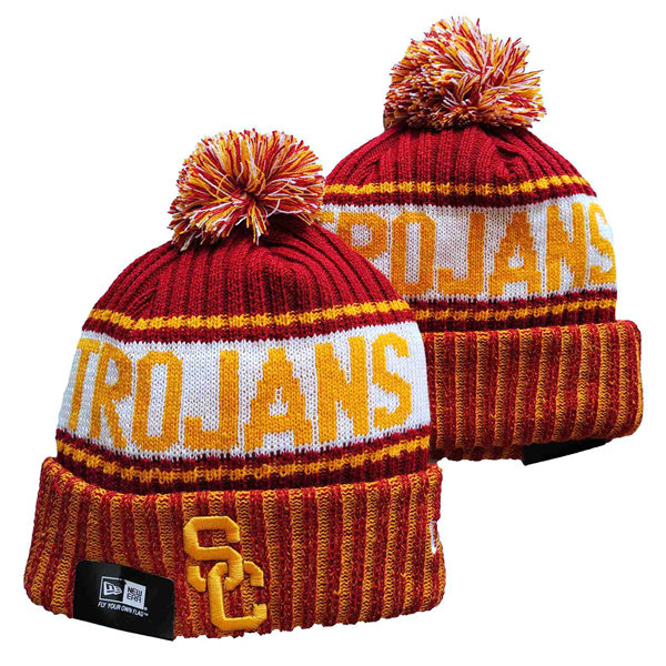 NCAA USC Trojans Red White Embroidered Cuffed Pom Knit Hat YD2021114