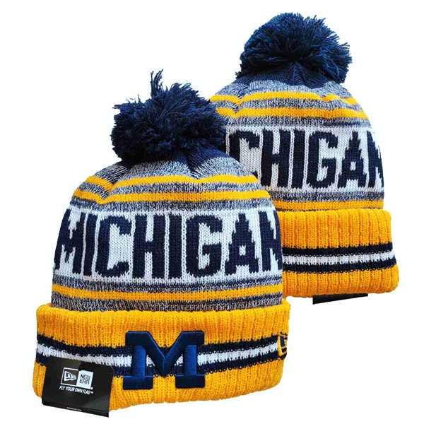 NCAA Michigan Wolverines White Gold Embroidered Cuffed Pom Knit Hat YD2021114  (1)