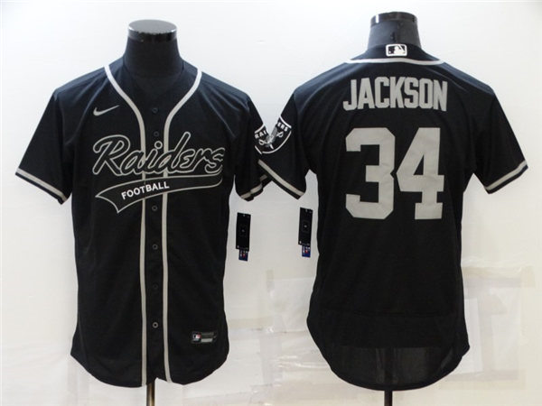 Mens Las Vegas Raiders Retired Player #34 Bo Jackson Nike Black Full Button Football Baseball Mix Jersey