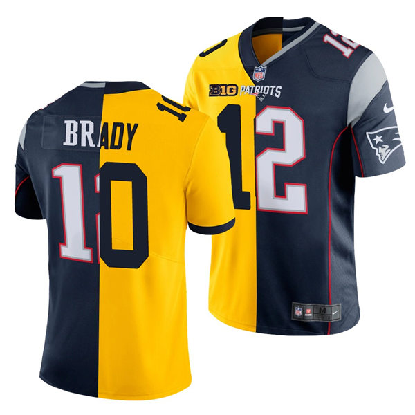 Mens Michigan Wolverines New England Patriots #12 Tom Brady Nike Maize Navy Split Two Tone Edition Honorary Alumni Jersey