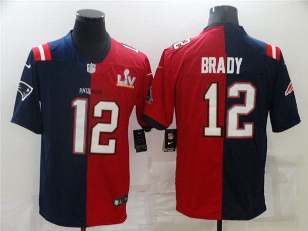 Mens Tampa Bay Buccaneers New England Patriots Mix #12 Tom Brady LV Super Bowl Champions Red Navy Nike Split Two Tone Jersey