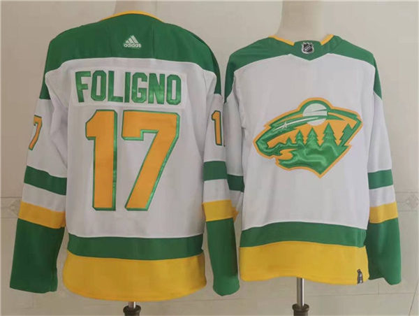 Mens Minnesota Wild #17 Marcus Foligno Adidas White 2021 NHL Reverse Retro Jersey