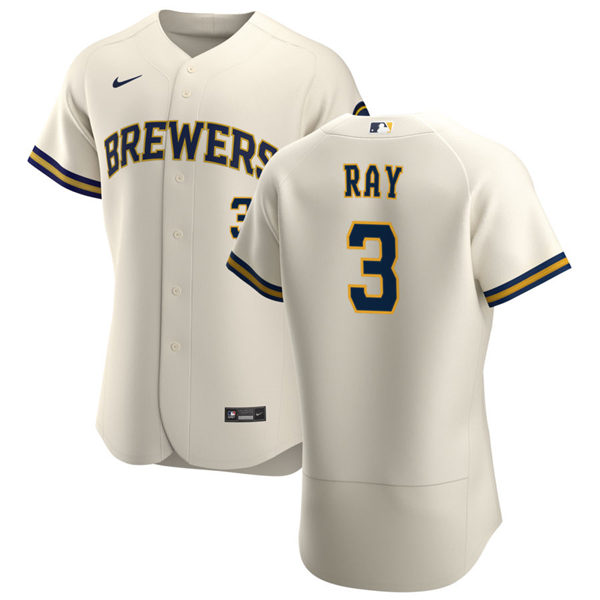 Mens Milwaukee Brewers #3 Corey Ray Nike Cream Home FlexBase Jersey