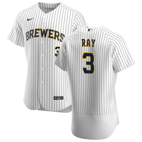 Mens Milwaukee Brewers #3 Corey Ray Nike White Pinstripe Alternate FlexBase Jersey