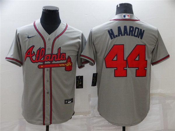 Mens Atlanta Braves Retired Player #44 Hank Aaron Nike Road Grey Cool Base Jersey 