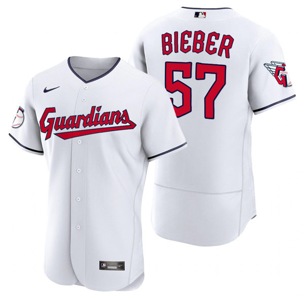 Mens Cleveland Guardians #57 Shane Bieber  Nike 2022 White Home Flex Base Authentic Player Jersey