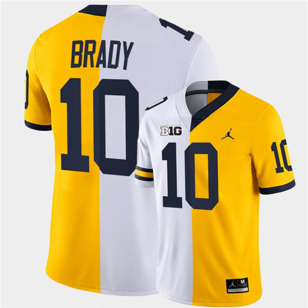 Men Michigan Wolverines #10 Tom Brady White Maize Split Two Tone Football Jersey
