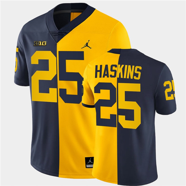 Men Michigan Wolverines #25 Hassan Haskins Navy Maize Split Two Tone Football Jersey