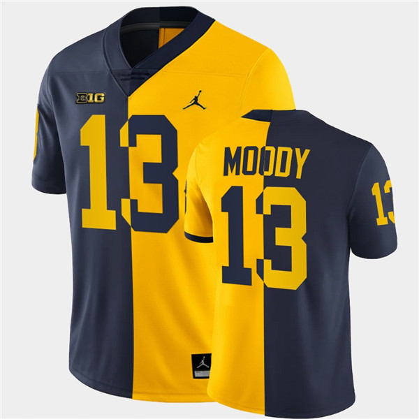 Men Michigan Wolverines #13 Jake Moody Navy Maize Split Two Tone Football Jersey