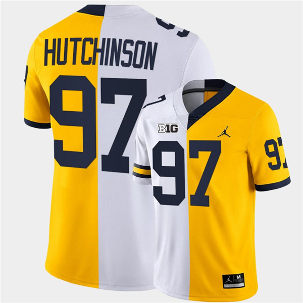 Men Michigan Wolverines #97 Aidan Hutchinson White Maize Split Two Tone Football Jersey