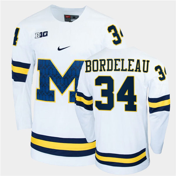 Mens Michigan Wolverines #34 Thomas Bordeleau Nike White Big M College Hockey Game Jersey
