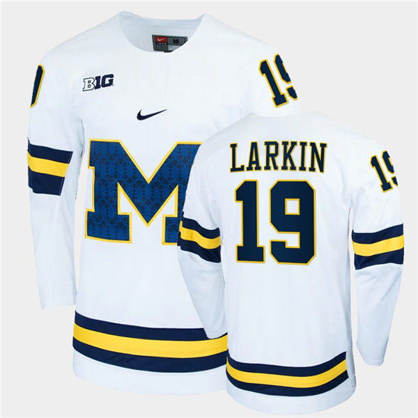 Mens Michigan Wolverines #19 Dylan Larkin Nike White Big M College Hockey Game Jersey