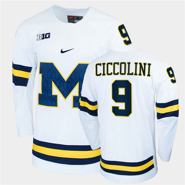 Mens Michigan Wolverines #9 Eric Ciccolini Nike White Big M College Hockey Game Jersey