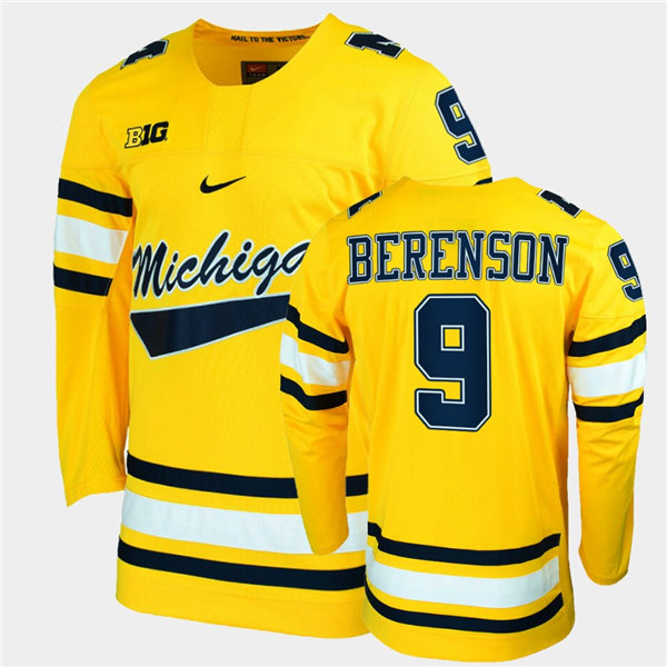 Mens Michigan Wolverines Retired Player #9 Red Berenson Nike Maize College Hockey Game Jersey