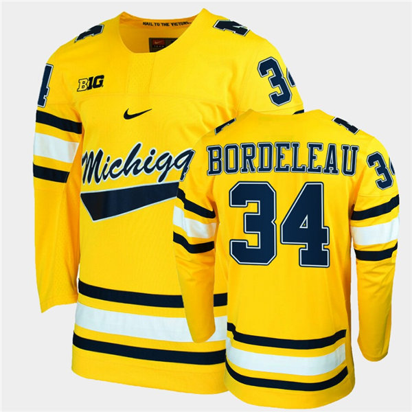 Mens Michigan Wolverines #34 Thomas Bordeleau Nike Maize College Hockey Game Jersey