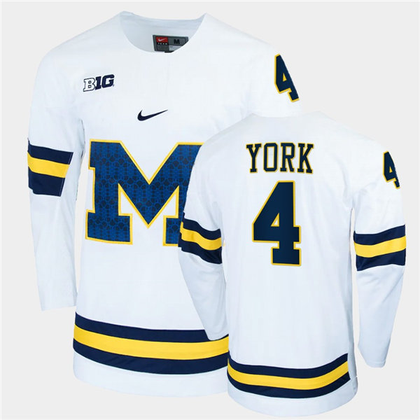 Mens Michigan Wolverines #4 Cameron York Nike White Big M College Hockey Game Jersey