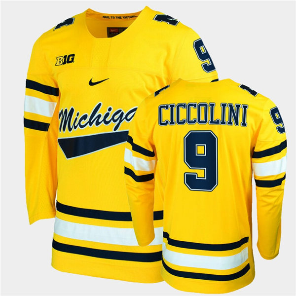 Mens Michigan Wolverines #9 Eric Ciccolini Nike Maize College Hockey Game Jersey