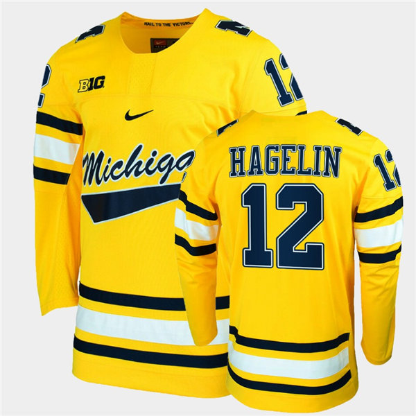Mens Michigan Wolverines #12 Carl Hagelin Nike Maize College Hockey Game Jersey