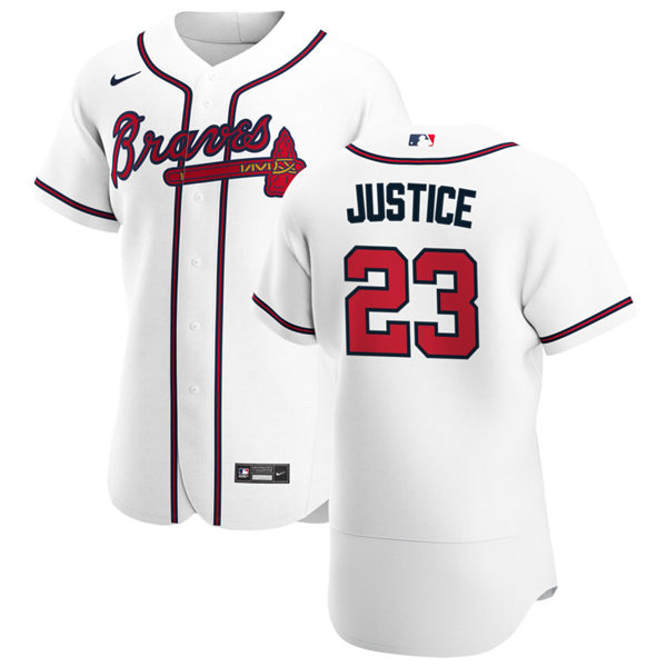 Mens Atlanta Braves Retired Player #23 David Justice Nike White Home Flex Base Jersey 