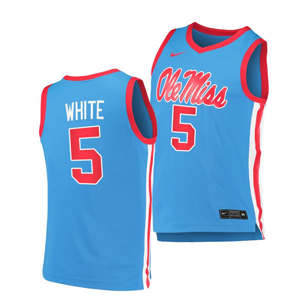 Mens Ole Miss Rebels #5 James White Nike Powder Blue College Basketball Game Jersey