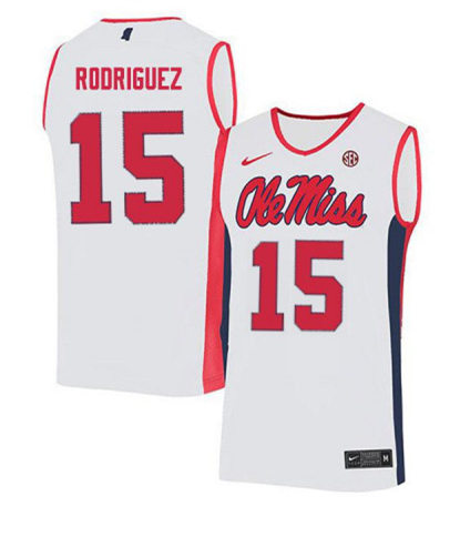 Mens Ole Miss Rebels #15 Luis Rodriguez Nike 2018 White Red Neck Ole Miss College Basketball Jersey