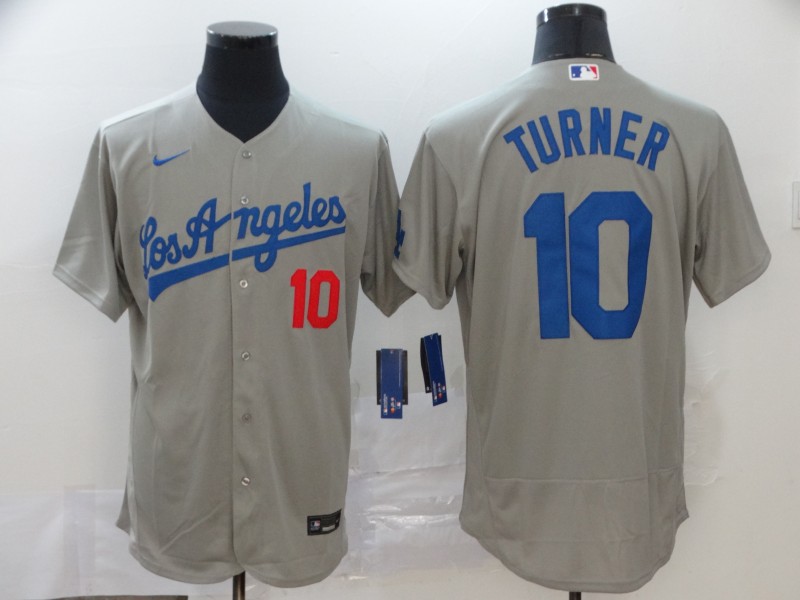 Men's Los Angeles Dodgers #10 Justin Turner Grey Los Angeles Nike Flex base Baseball Jersey