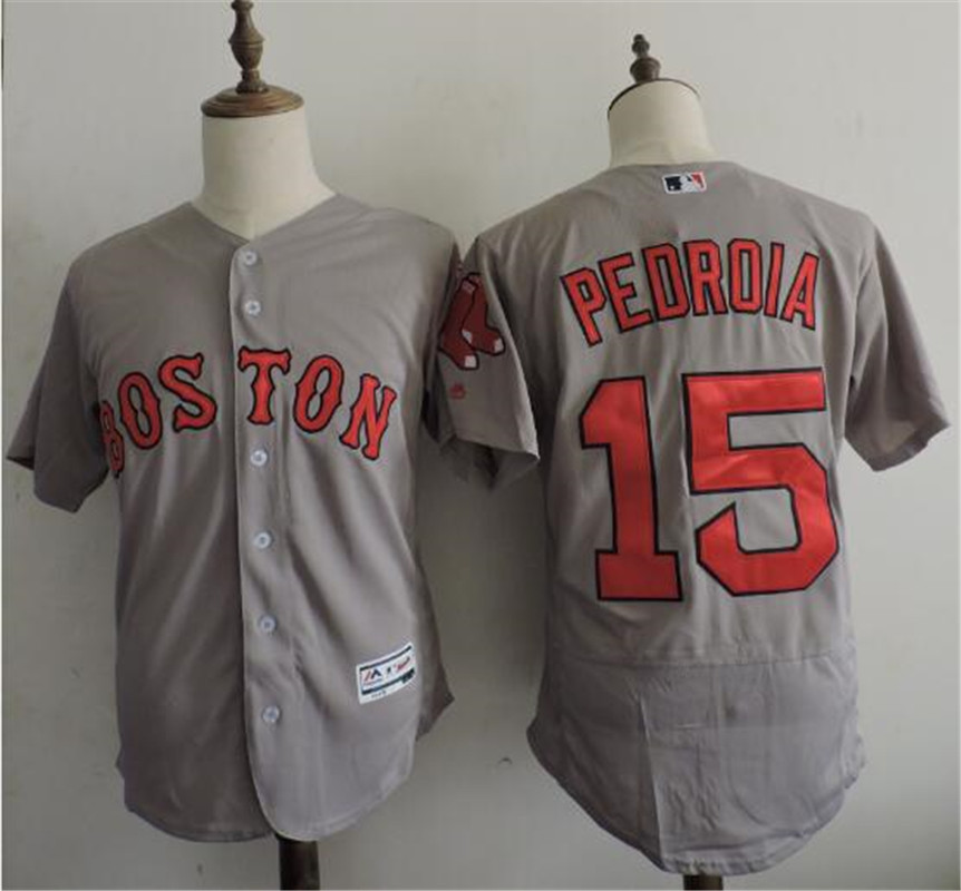 Mens Boston Red Sox #15 Dustin Pedroia  Grey Majestic Flex Base Baseball Jersey