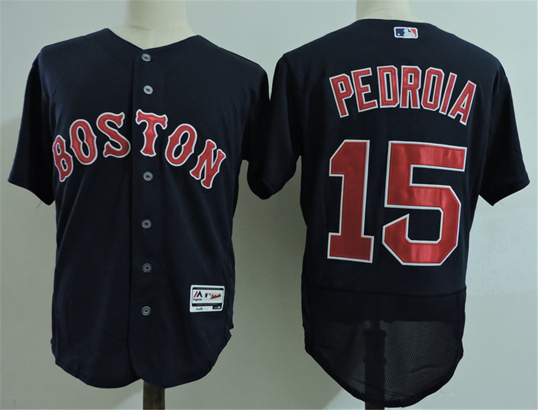 Mens Boston Red Sox #15 Dustin Pedroia Navy Majestic Flex Base Baseball Jersey