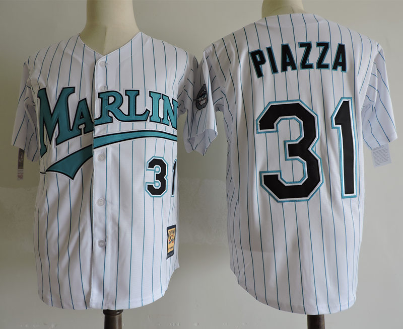 Men's Florida Miami Marlins #31 Mike Piazza 1998 White Pinstripe Stitched Baseball Jersey