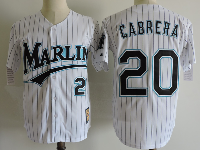 Men's Florida Miami Marlins #20 Miguel Cabrera White Pinstripe Stitched Baseball Jersey