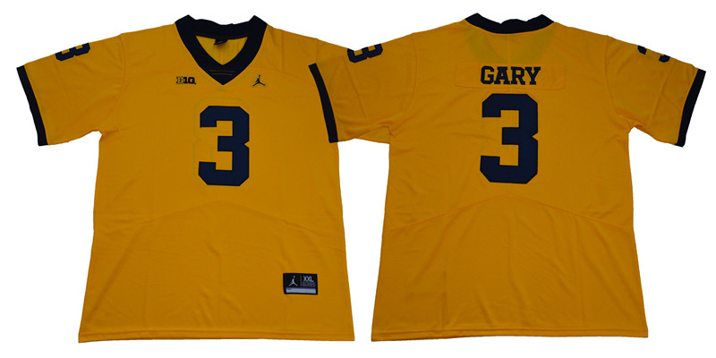 Mens NCAA Michigan Wolverines #3 Rashan Gary Brand Jordan Gold Stitched College Football Jersey