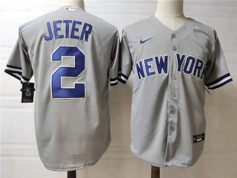 Mens New York Yankees #2 Derek Jeter Nike Grey With Name Cool Base Baseball Jersey