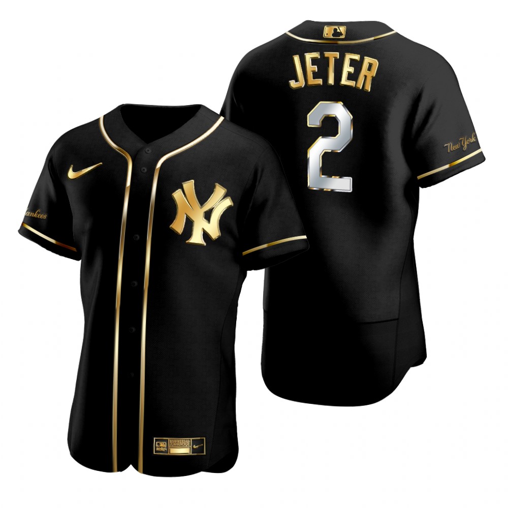 Mens New York Yankees #2 Derek Jeter Nike Black Golden Edition Baseball Jersey