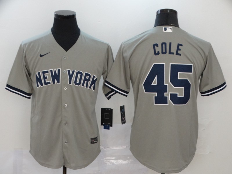 Mens New York Yankees #45 Gerrit Cole Nike Gray Road With Name Cool Base Baseball Jersey