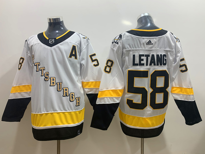 Mens Pittsburgh Penguins #58 Kris Letang White adidas 2020-21 Reverse Retro Special Edition Jersey