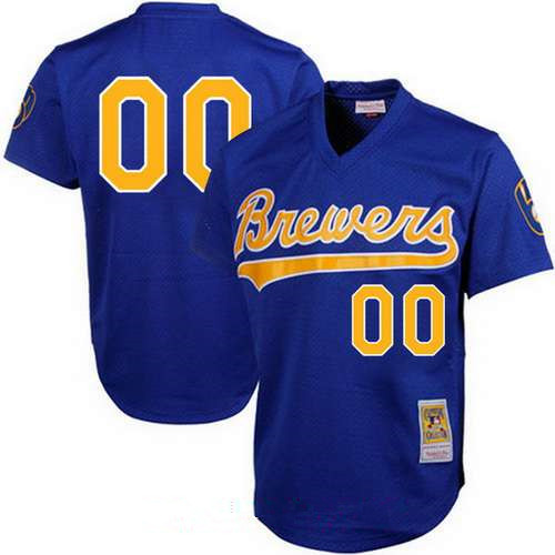 Men's Milwaukee Brewers Light Blue Mesh Batting Practice Throwback Majestic Cooperstown Collection Custom Baseball Jersey