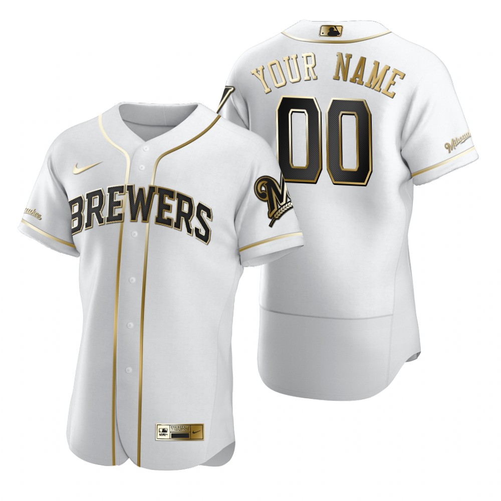 Men's Milwaukee Brewers Custom Nike White Stitched MLB Flex Base Golden Edition Jersey