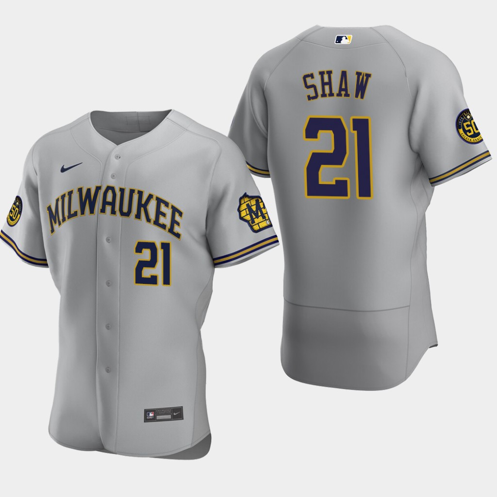 Men's Milwaukee Brewers Travis Shaw #21 Gray Road Stitched Nike MLB Flex Base Jersey