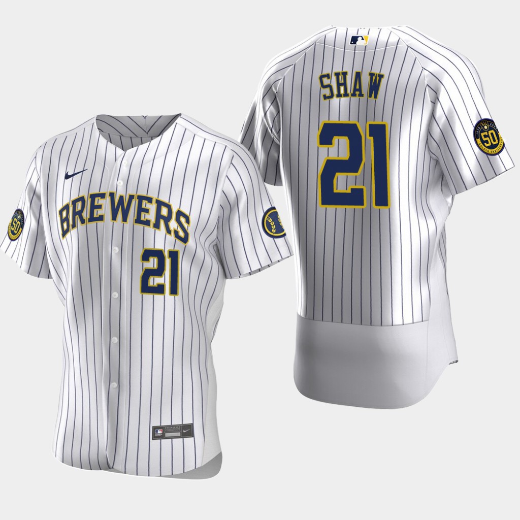 Men's Milwaukee Brewers Travis Shaw #21 Home White Pinstripe Stitched Nike MLB Flex Base Jersey