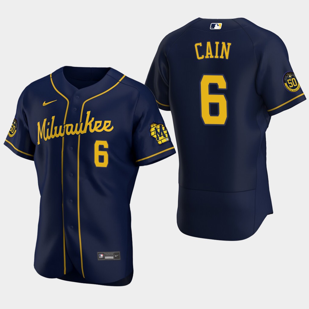 Men's Milwaukee Brewers Lorenzo Cain #6 Navy Blue Stitched 50th Anniversary Nike MLB Flex Base Jersey