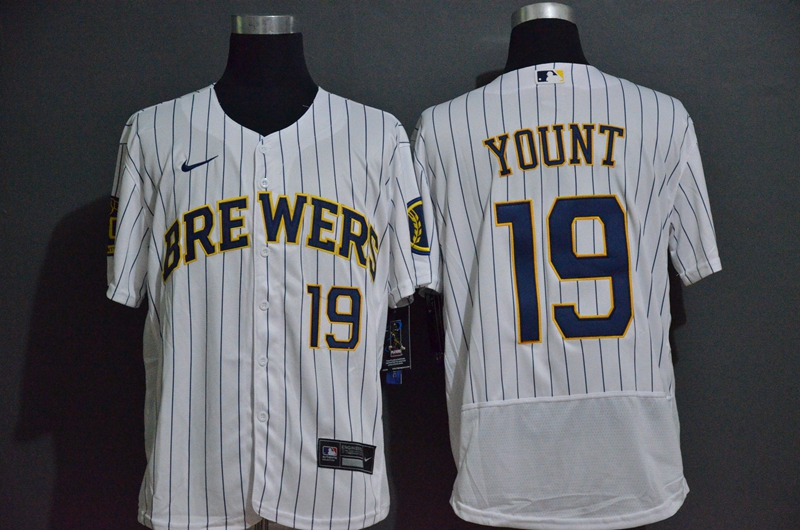 Men's Milwaukee Brewers #19 Robin Yount Home White Pinstripe Stitched Nike MLB Flex Base Jersey